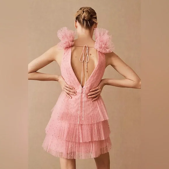 ML Monique Lhuillier Perrie Tiered Shoulder-Ruffle V-Neck Mini Dress - Picture 3 of 5